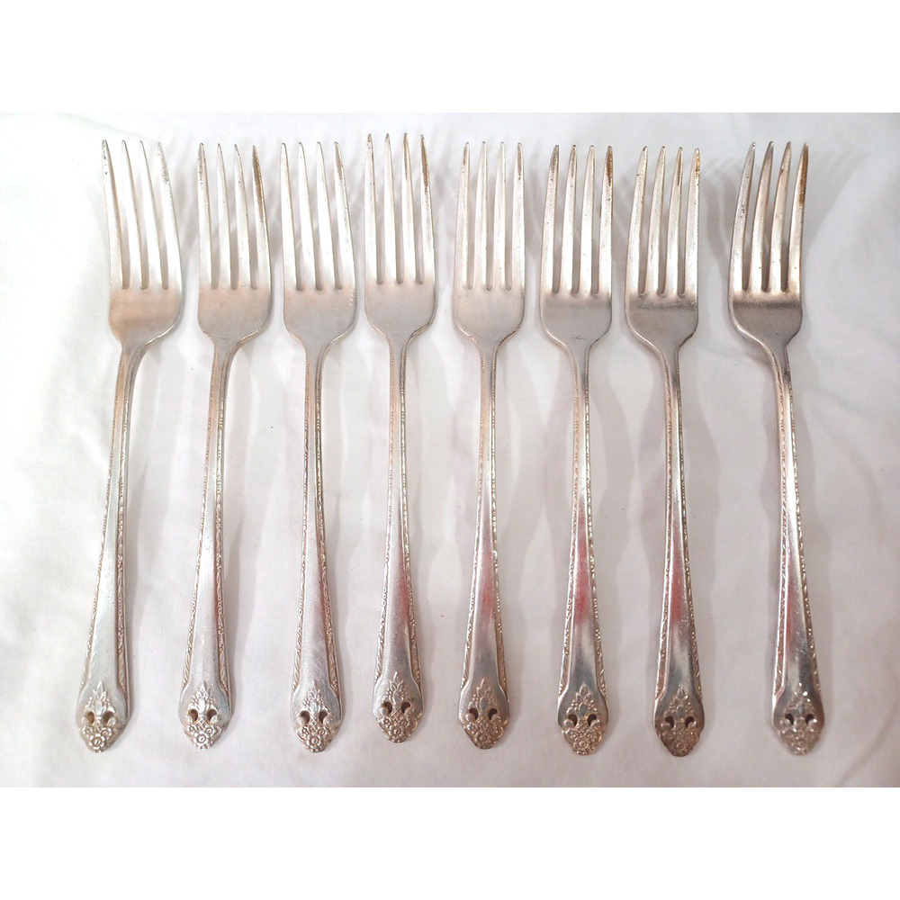 Holmes Edwards 8 VTG Lovely Lady Dinner Forks Inlaid Silverplate Flatware 1937